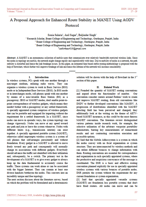 A Proposal Approach for Enhanced Route Stability in MANET Using AODV Protocol