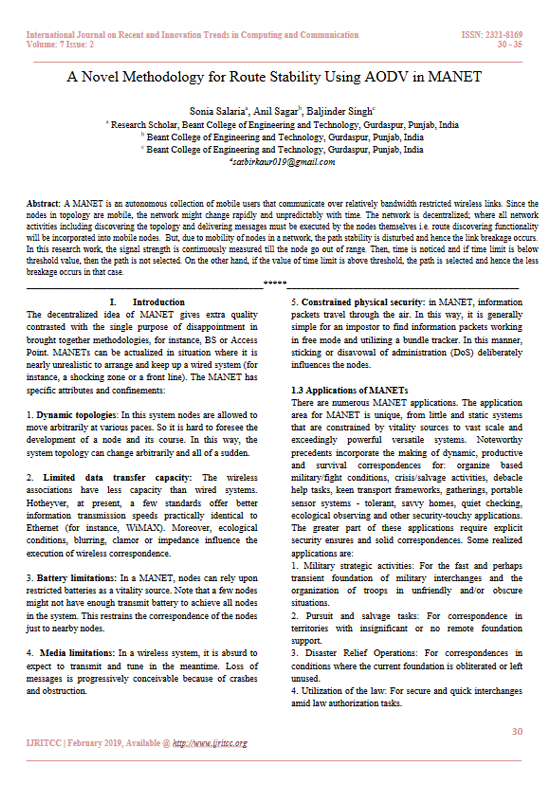 A Novel Methodology for Route Stability Using AODV in MANET