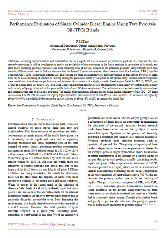 Performance Evaluation of Single Cylinder Diesel Engine Using Tyre Pyrolysis Oil (TPO) Blends