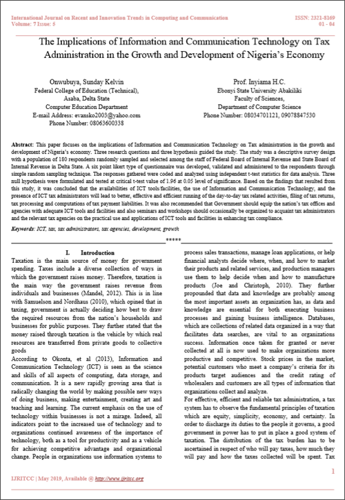 The Implications of Information and Communication Technology on Tax Administration in the Growth and Development of Nigeria’s Economy