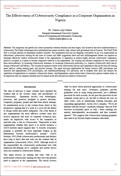 The Effectiveness of Cybersecurity Compliance in a Corporate Organization in Nigeria