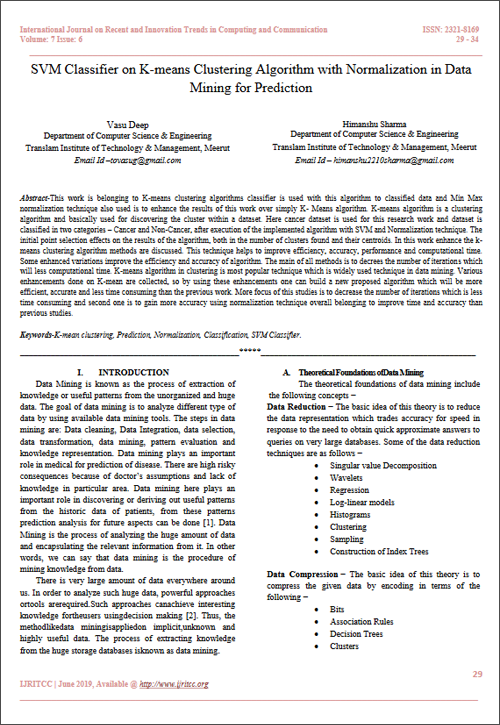 SVM Classifier on K-means Clustering Algorithm with Normalization in Data Mining for Prediction