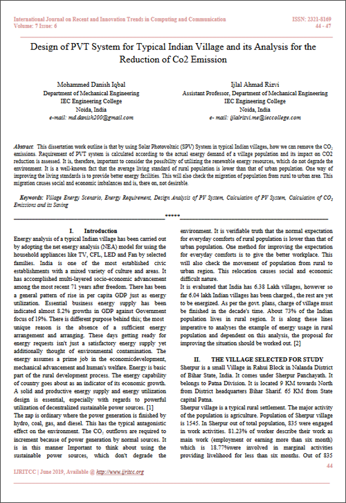Design of PVT System for Typical Indian Village and its Analysis for the Reduction of Co2 Emission