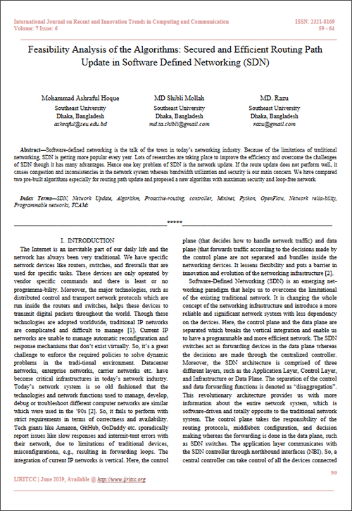 Feasibility Analysis of the Algorithms: Secured and Efficient Routing Path Update in Software Defined Networking (SDN)