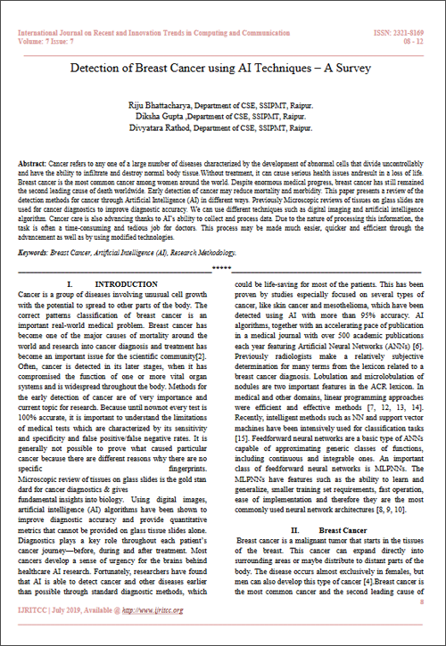 Detection of Breast Cancer using AI Techniques – A Survey