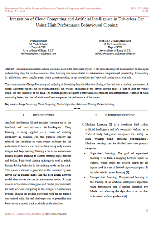 Integration of Cloud Computing and Artificial Intelligence in Driverless Car Using High Performance Behavioural Cloning
